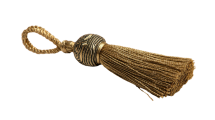 Golden tassel featuring a textured, ornate cap and a braided rope loop, providing an elegant decorative item against a transparent background