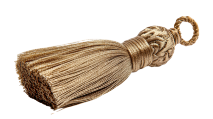 Golden decorative tassel featuring intricate knot work and fringed threads, an elegant home decor accessory, transparent background