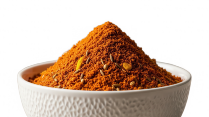 Aromatic spice blend piled high in a white bowl isolated on transparent background