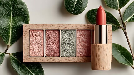 Wooden Makeup Palette and Lipstick with Green Leaves cosmetics beauty
