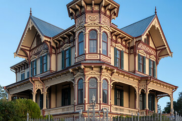 Obraz premium Victorian-style mansion with ornate details and blue roof