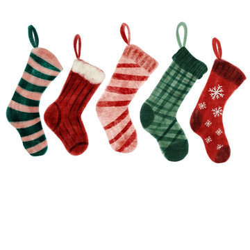 Hand drawn Christmas stockings hanging in a row illustration