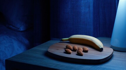 nightstand. A few almonds and a banana on a nightstand in cool blue moonlight. menu design, packaging mockups, designed for culinary blogs and recipe cards for restaurants, used by sports marketers.