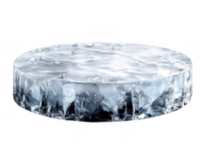 Circular ice block glistens, showing crystal texture and frozen water droplets on transparent background