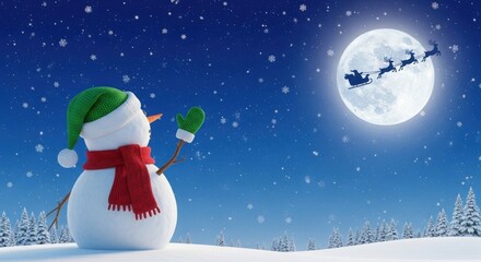3D Render of Snowman Waving at Santa's Sleigh Flying Past Full Moon on Snowy Christmas Night