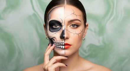 Woman with Half Skull Makeup and Half Natural Face on Green Background