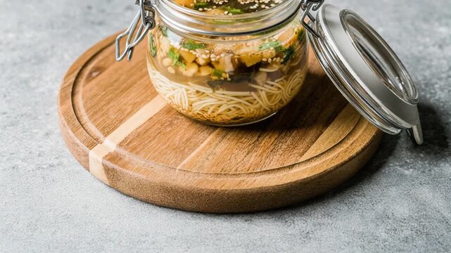Healthy meal prep noodle salad in a glass jar with fresh vegetables, sesame seeds, and savory broth. Cinematic slow tilt-down shot on a wooden board for food blog.