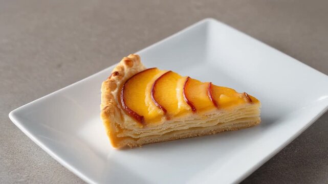 Delicious slice of peach galette or tart on a white plate, featuring thin fruit layers and golden crust. Cinematic 360 orbit rotation for culinary and bakery media.