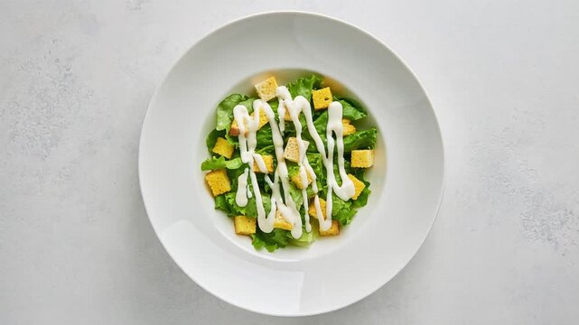 Fresh Caesar salad in a white bowl topped with crunchy croutons and creamy dressing. Smooth 360 orbit rotation, professional top view food photography for menus.