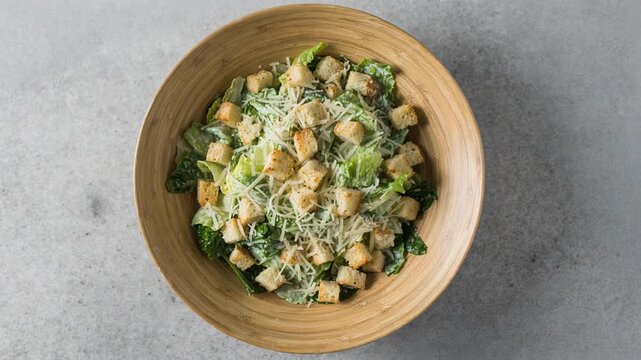 Traditional Caesar salad in a wooden bowl with romaine lettuce, parmesan cheese, and croutons. Professional orbit rotation shot for rustic restaurant menu design.