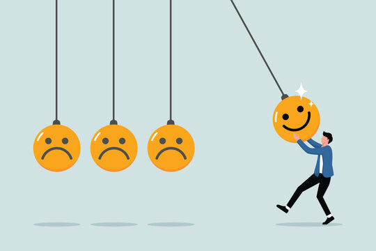 Optimism, happiness, or positive thinking inspires others to be happy, balance between happiness and sadness, a man holding a smiling face pendulum ball to hit other sad faces.