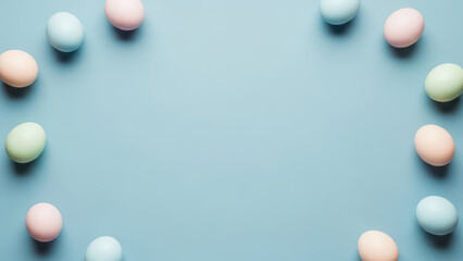 Party creative april celebration blue ear easter season egg pink yellow background animal rabbit card frame for holiday greeting card playful pastel egg border minimal blue background copyspace