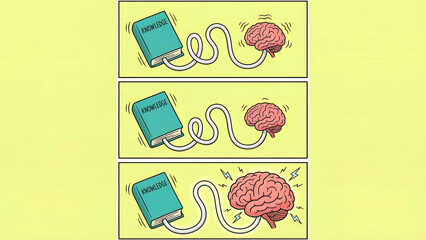 Visual metaphor depicting the increasing connection and stimulating effect of knowledge transfer from a book to a human brain across three stages.