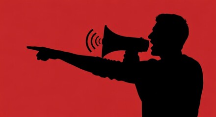 Black Silhouette of Man Shouting into Megaphone and Pointing on Red Background
