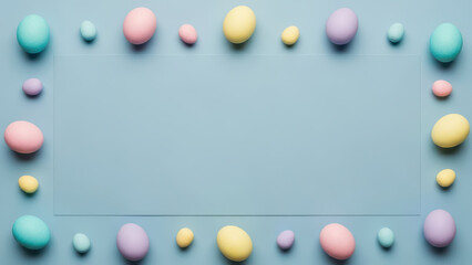 Party creative april celebration blue ear easter season egg pink yellow background animal rabbit card border layout with pastel egg frame on blue background for holiday greeting card design