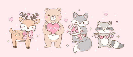 Fototapeta premium Draw vector cute woodland animal in love Happy forest Valentines day Doodle cartoon illustration