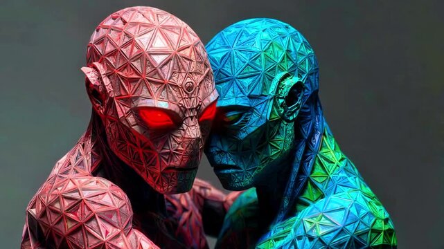 Two intricately textured, geometric humanoid figures, one bathed in intense red light and the other in vibrant blue and green hues, stand close together in a striking digital art portrait.