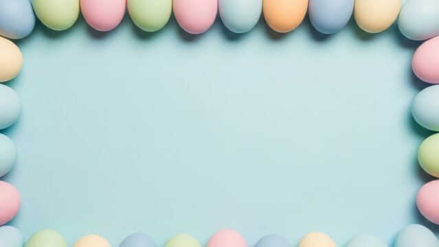 Pastel egg border blue background easter party card design creative april celebration pink yellow color season rabbit animal - Powered by Adobe