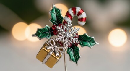 Shiny Christmas Holiday Brooch Pin with Candy Cane, Snowflake, Holly, and Gift Box