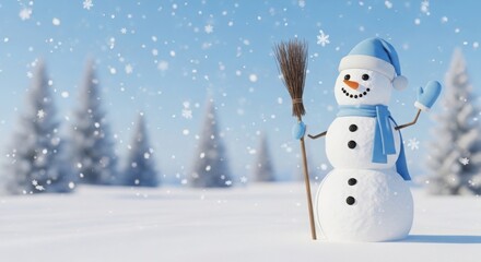 Happy Snowman with Blue Hat and Scarf Holding Broom in Winter Snow Landscape