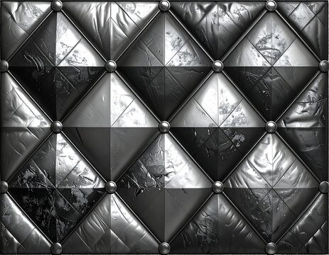 Black and gray diamond pattern upholstery with metal studs and trim