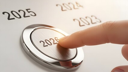 A finger pressing a shiny button labeled 2026 with previous years in background