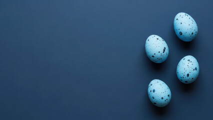 Gift background bow minimal egg blue dark paint stylish easter colours mood with four speckled egg blue background soft light minimal composition for greeting card gift idea and seasonal decor