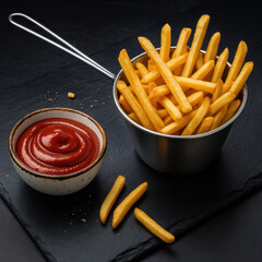 Golden Crispy French Fries in Metal Pot with Ketchup on Black Slate