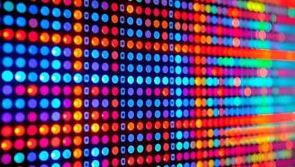 Close up abstract texture of a vibrant led screen displaying a dynamic spectrum of colorful lights in a grid pattern with bokeh blur effect creating a futuristic digital