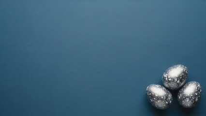 Gift background bow minimal egg blue dark paint stylish easter colours create modern festive scene with silver speckled egg cluster textured blue background copy space for holiday greeting design