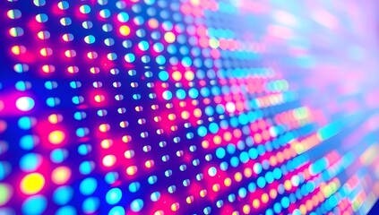Close up abstract texture of a vibrant led screen displaying a dynamic spectrum of colorful lights in a grid pattern with bokeh blur effect creating a futuristic digital