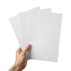 Hand holding four sheets of paper isolated on transparent background