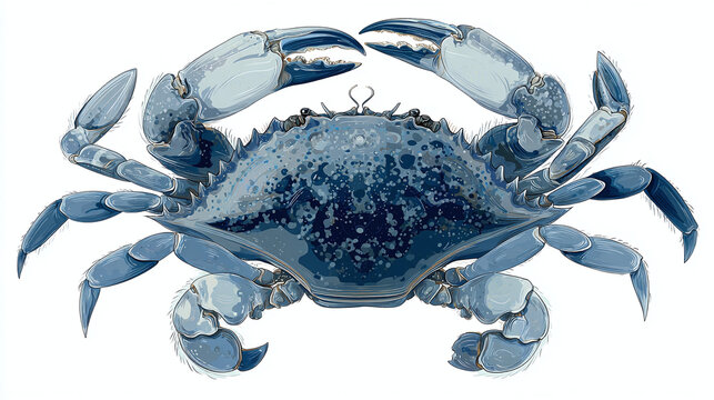An artistic illustration of a blue crab, a marine crustacean, showcasing intricate details of its anatomy. The image highlights the crab's defining features