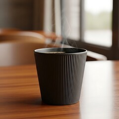 Modern Black Ribbed Coffee Cup with Steam on Wooden Table