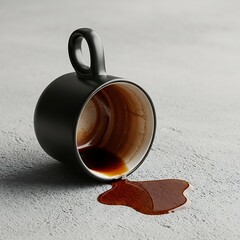 Spilled Dark Coffee from a Black Mug on Grey Textured Surface