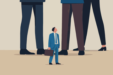 A small businessman standing among the towering legs of larger figures, feeling insignificant