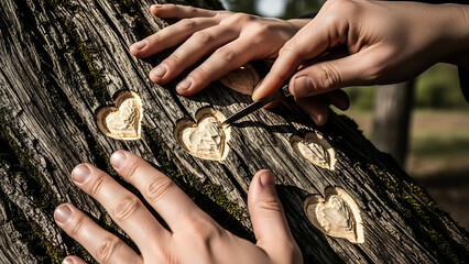 Hands carefully carving heart shapes into tree bark, a symbol of enduring love and connection.