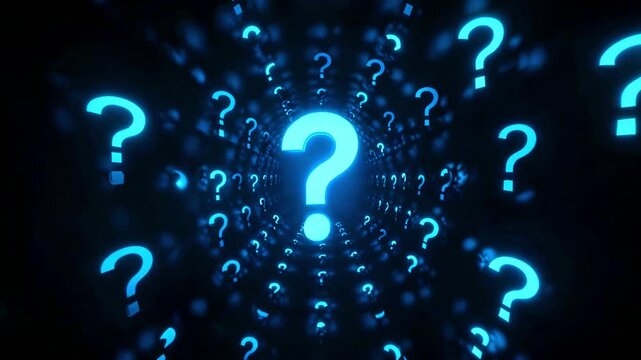 Abstract glowing blue question marks converge towards a central point creating an infinite tunnel effect symbolizing deep inquiry and mystery in digital space.