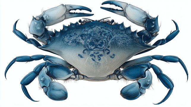 A detailed illustration of a crab showcasing its unique features, like the claws and shell, captured in a studio shot.