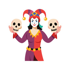 Woman in jester costume holding skulls with a dramatic expression