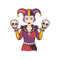 Woman in jester costume holding skulls with a dramatic expression