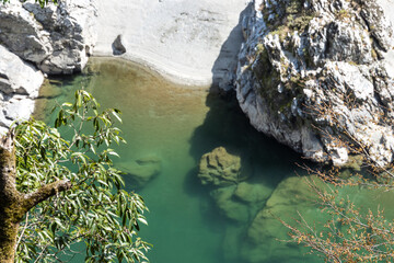 Background of riverside landscape with clear turquoise water of Oboke Gorge, Tokushima, Japan