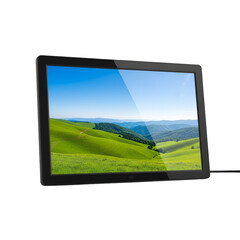 Modern digital monitor displaying serene landscape