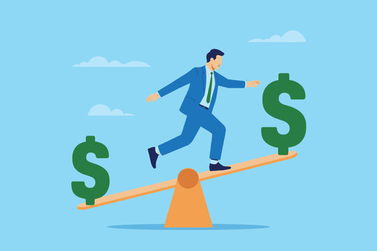 Businessman balancing on a seesaw with dollar signs, representing financial equilibrium and investment strategy
