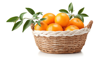 Fresh ripe tangerines with green leaves in a wicker basket on white background. Healthy organic citrus fruits, natural food concept.
