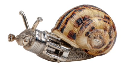 Cybernetic snail creature in steampunk style, showing advanced technology merging with natural organism, transparent background