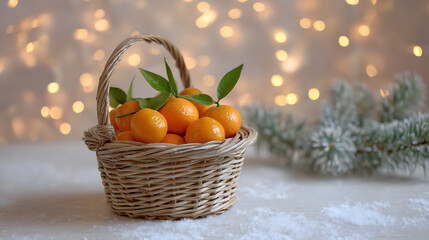 Basket of fresh tangerines with green leaves on a festive background with bokeh, symbolizing winter and holiday mood.
