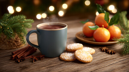 Cozy winter scene with a blue mug of hot chocolate, cookies, fresh tangerines, cinnamon sticks, and festive lights on a wooden table.
