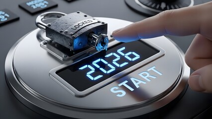 A hand pressing a futuristic button with a padlock and digital display