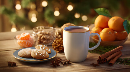 Cozy Christmas still life with a cup of cocoa, gingerbread cookies, mandarins, and cinnamon sticks on a wooden table with festive lights in the background.
